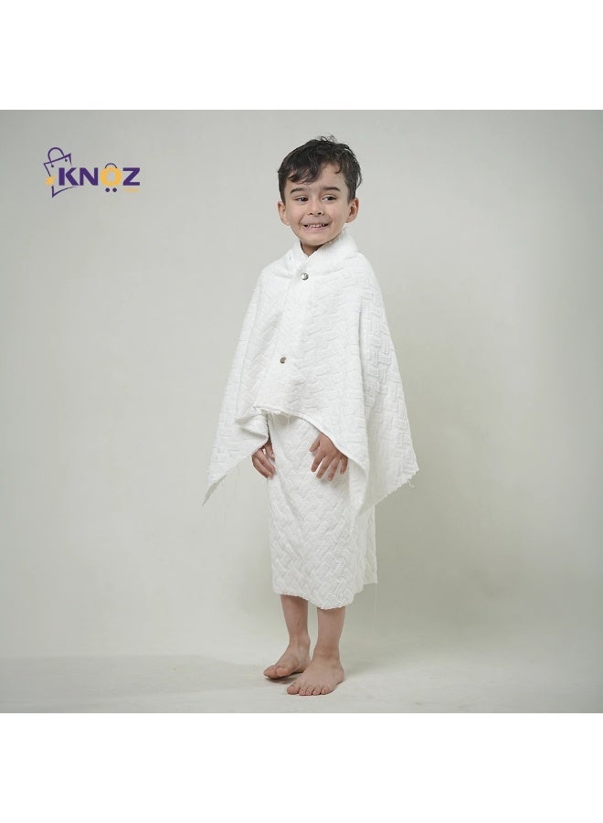 إحرام كنوز للأطفال 100% قطن بتصميم مكبسن وحزام لاصق – ملابس عمرة وحج للأولاد - Image 1